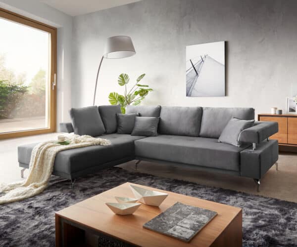 Wohnlandschaft Bria 270x220 cm Samt Grau Ottomane links inkl. elektrischer Sitztiefenverstellung