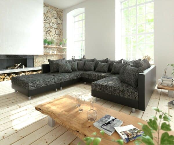 Wohnlandschaft Clovis Schwarz Modulsofa mit Hocker